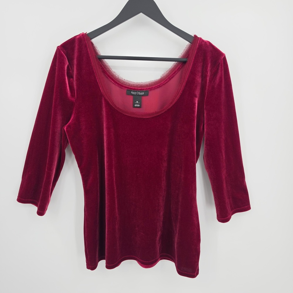 WHBM 90s Y2K Burgundy Velvet Scoop Neck Top M Vamp Grunge WhimsiGoth 3/4 Sleeve